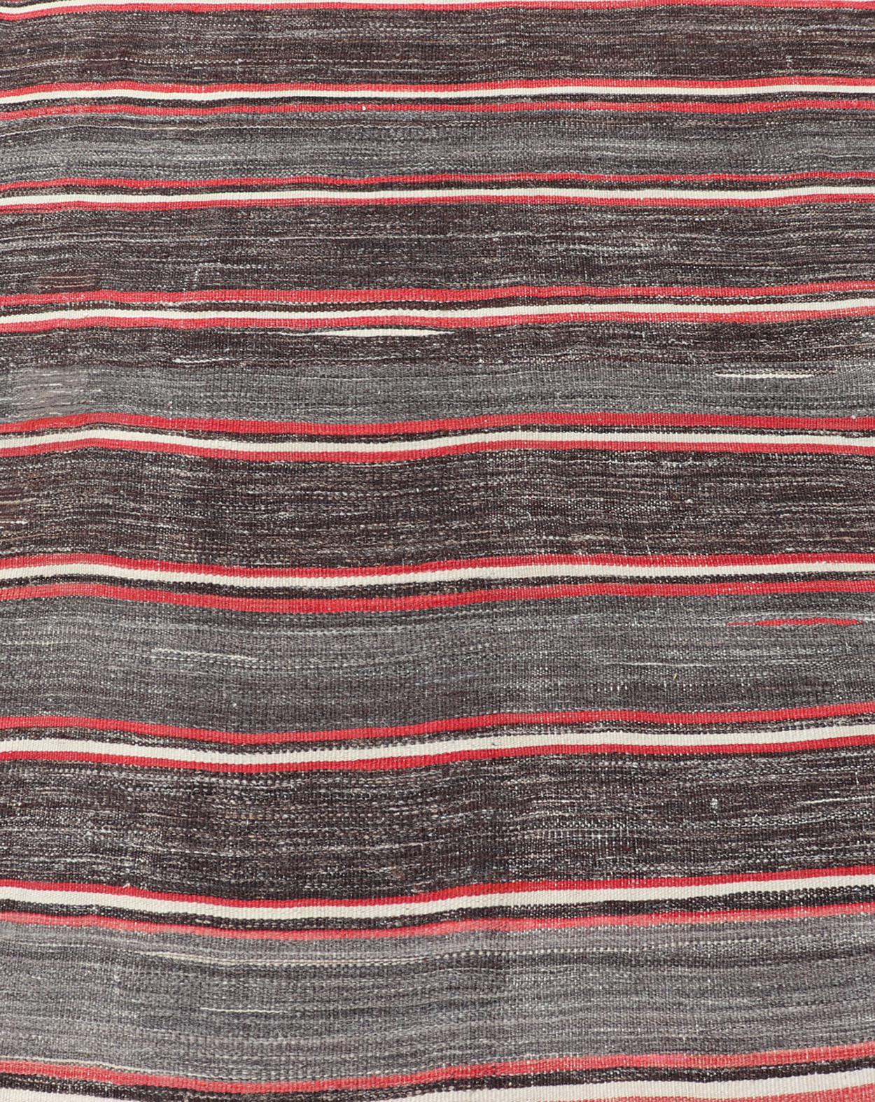 Hand-Woven Vintage Turkish Kilim Wide Runner in Gray, Coral, Brown & Charcoal with Stripes