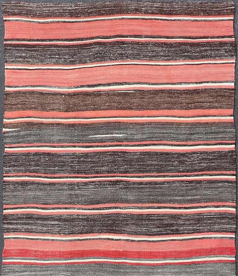 Vintage Turkish Kilim Wide Runner in Gray, Coral, Brown & Charcoal with Stripes In Good Condition In Atlanta, GA