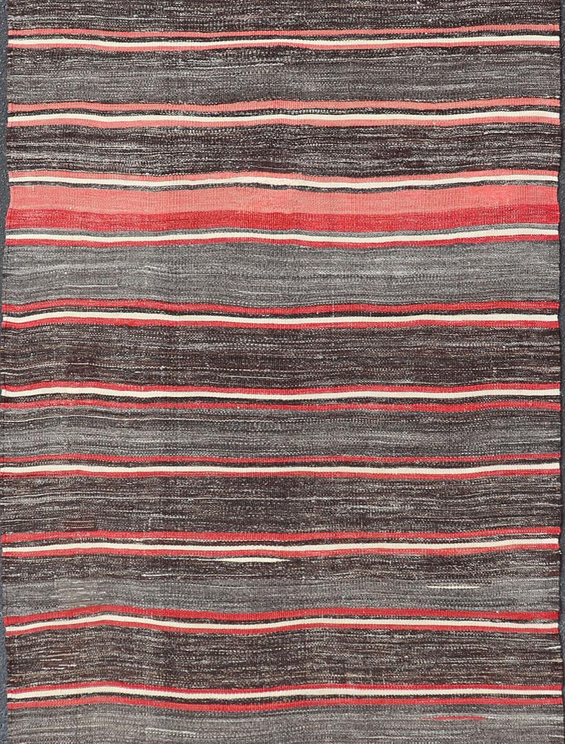20th Century Vintage Turkish Kilim Wide Runner in Gray, Coral, Brown & Charcoal with Stripes