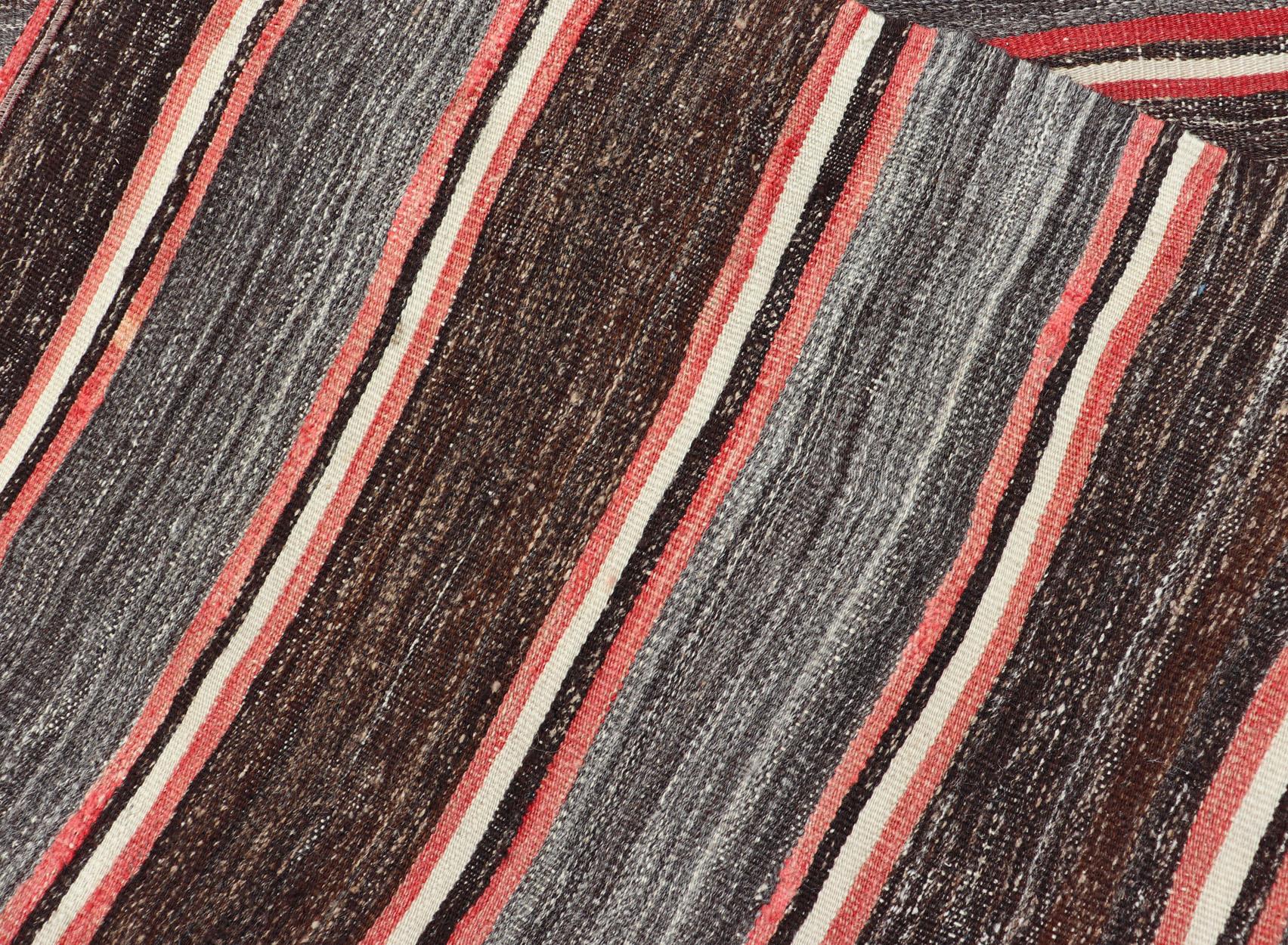 Wool Vintage Turkish Kilim Wide Runner in Gray, Coral, Brown & Charcoal with Stripes