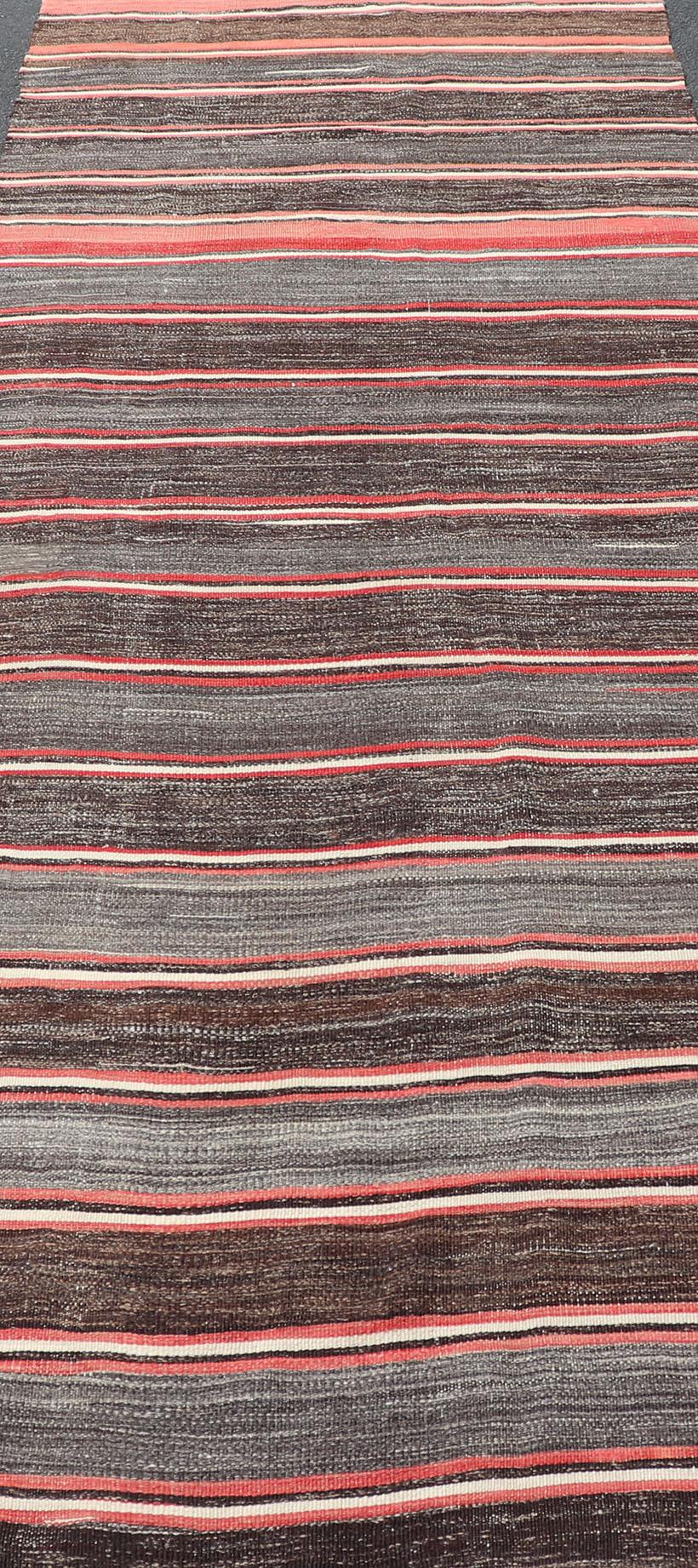 Vintage Turkish Kilim Wide Runner in Gray, Coral, Brown & Charcoal with Stripes 2