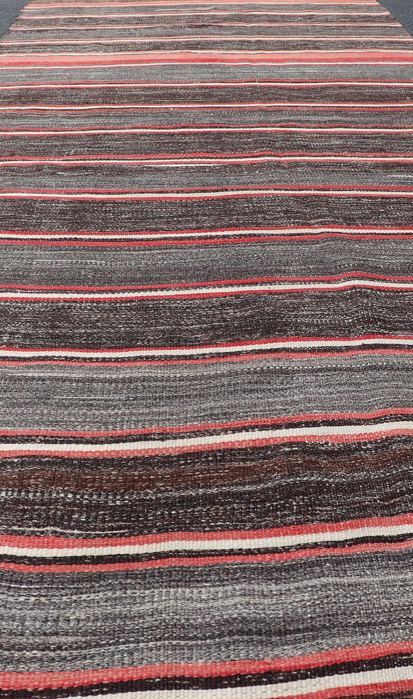 Vintage Turkish Kilim Wide Runner in Gray, Coral, Brown & Charcoal with Stripes 3