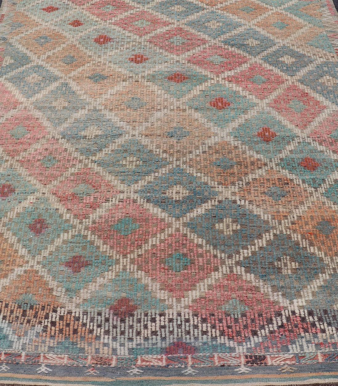 20th Century Vintage Turkish Kilim with All-Over Geometric Diamond Design in Multicolor For Sale