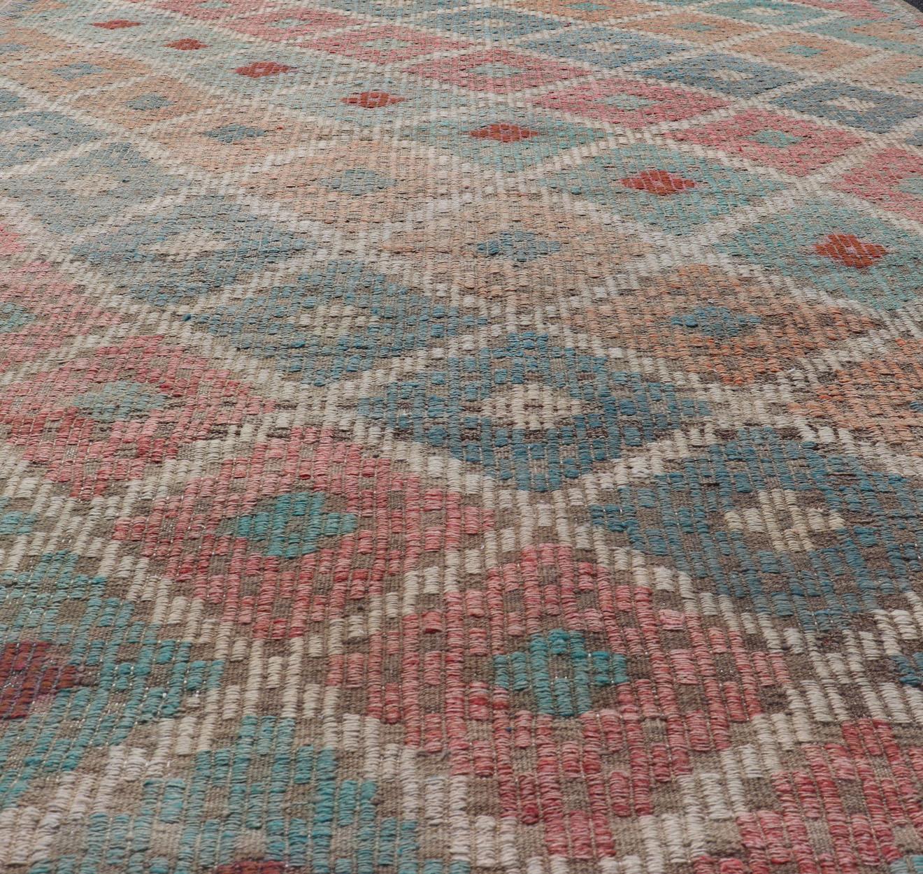 Wool Vintage Turkish Kilim with All-Over Geometric Diamond Design in Multicolor For Sale