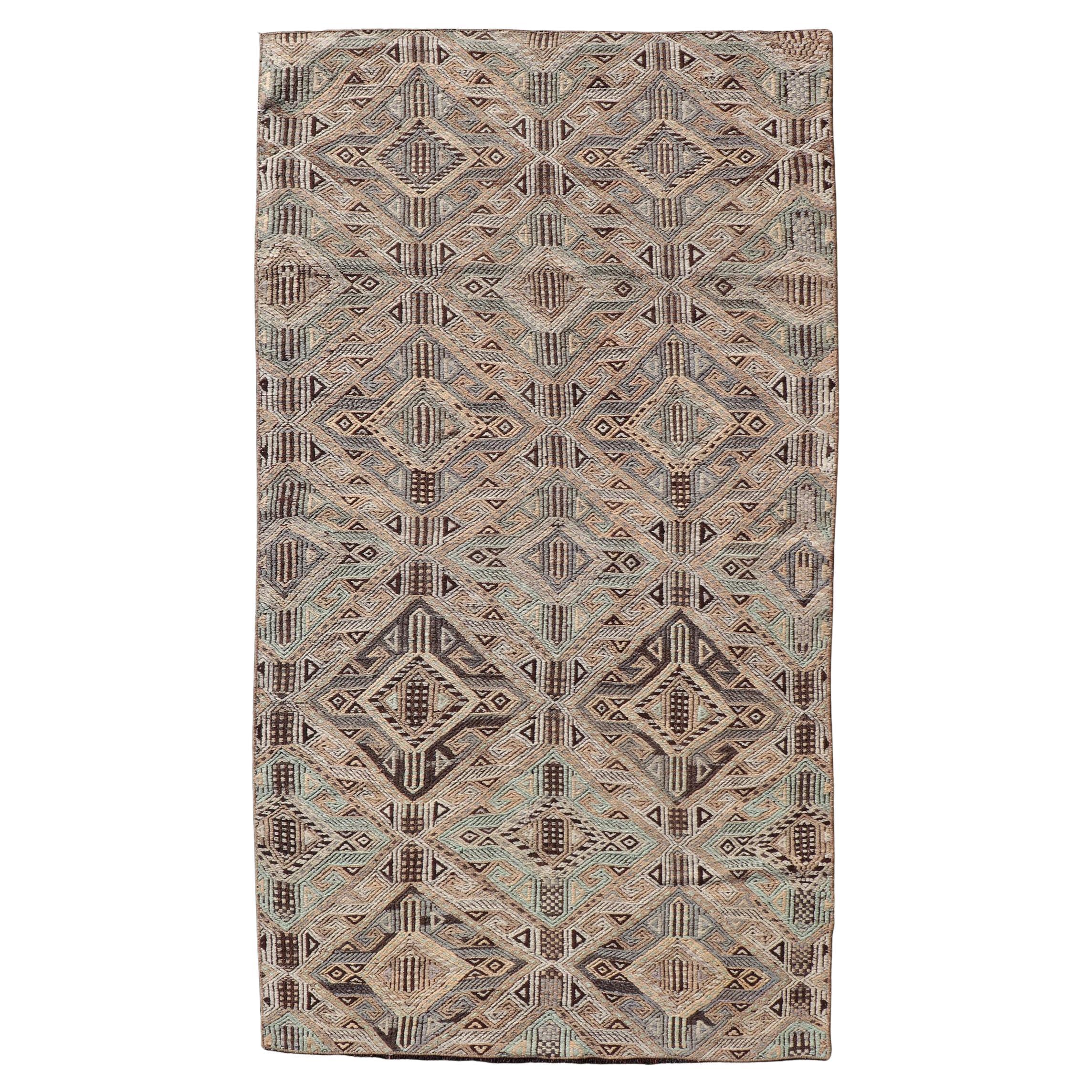 Vintage Turkish Kilim with All-Over Geometric Diamond Pattern in Muted Tones