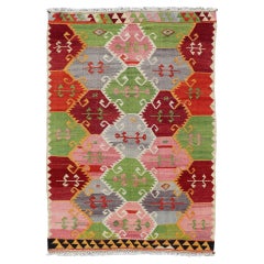 Vintage Turkish Kilim with Bright & Colorful Geometrics Diamond Design