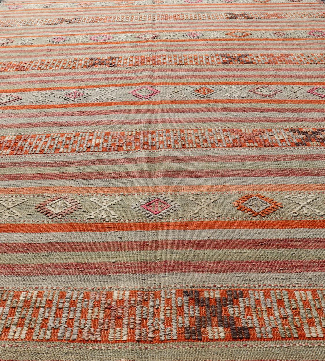 Vintage Turkish Kilim with Colorful Stripes in Orange, Lt. green, red & gray  For Sale 4