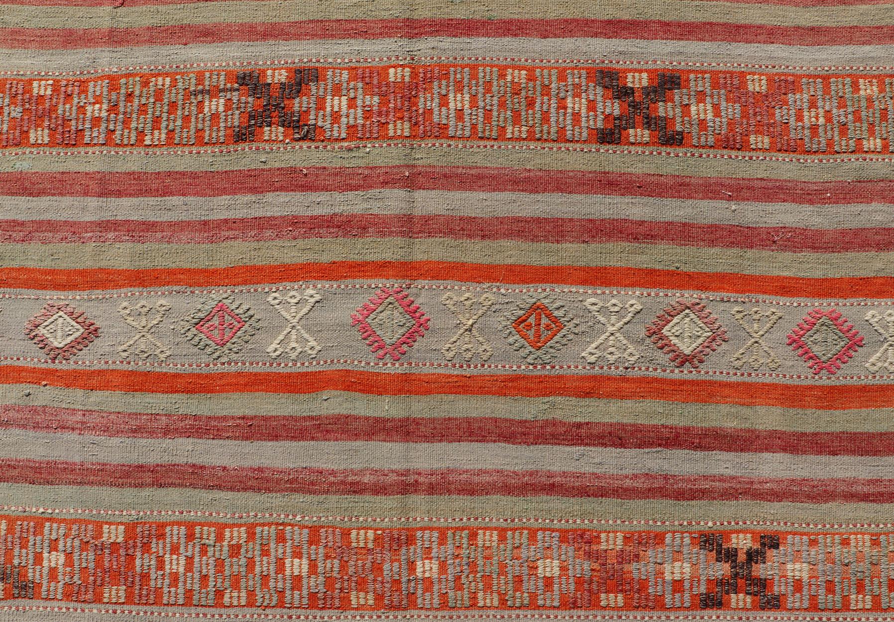 Vintage Turkish Kilim with Colorful Stripes in Orange, Lt. green, red & gray  For Sale 5
