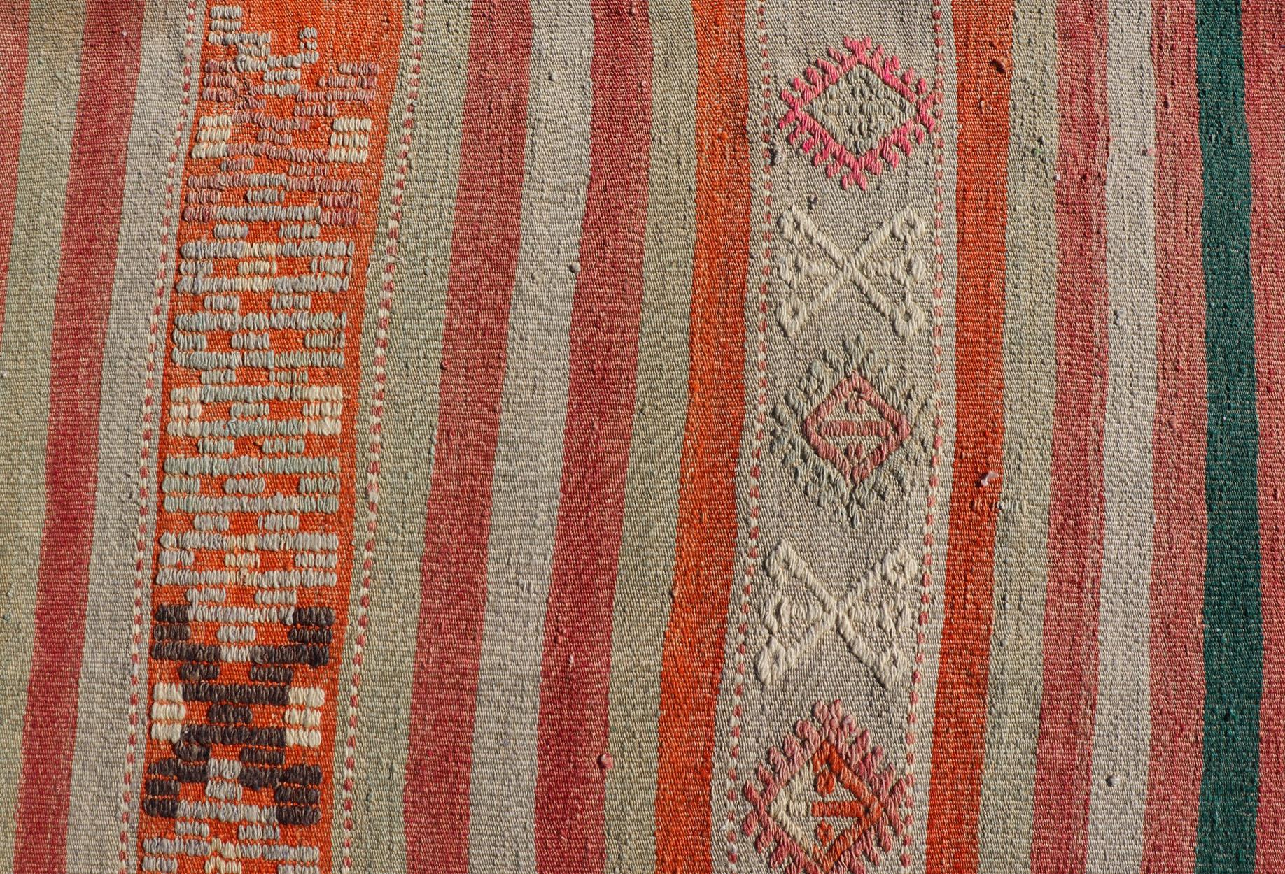 Vintage Turkish Kilim with Colorful Stripes in Orange, Lt. green, red & gray  For Sale 6