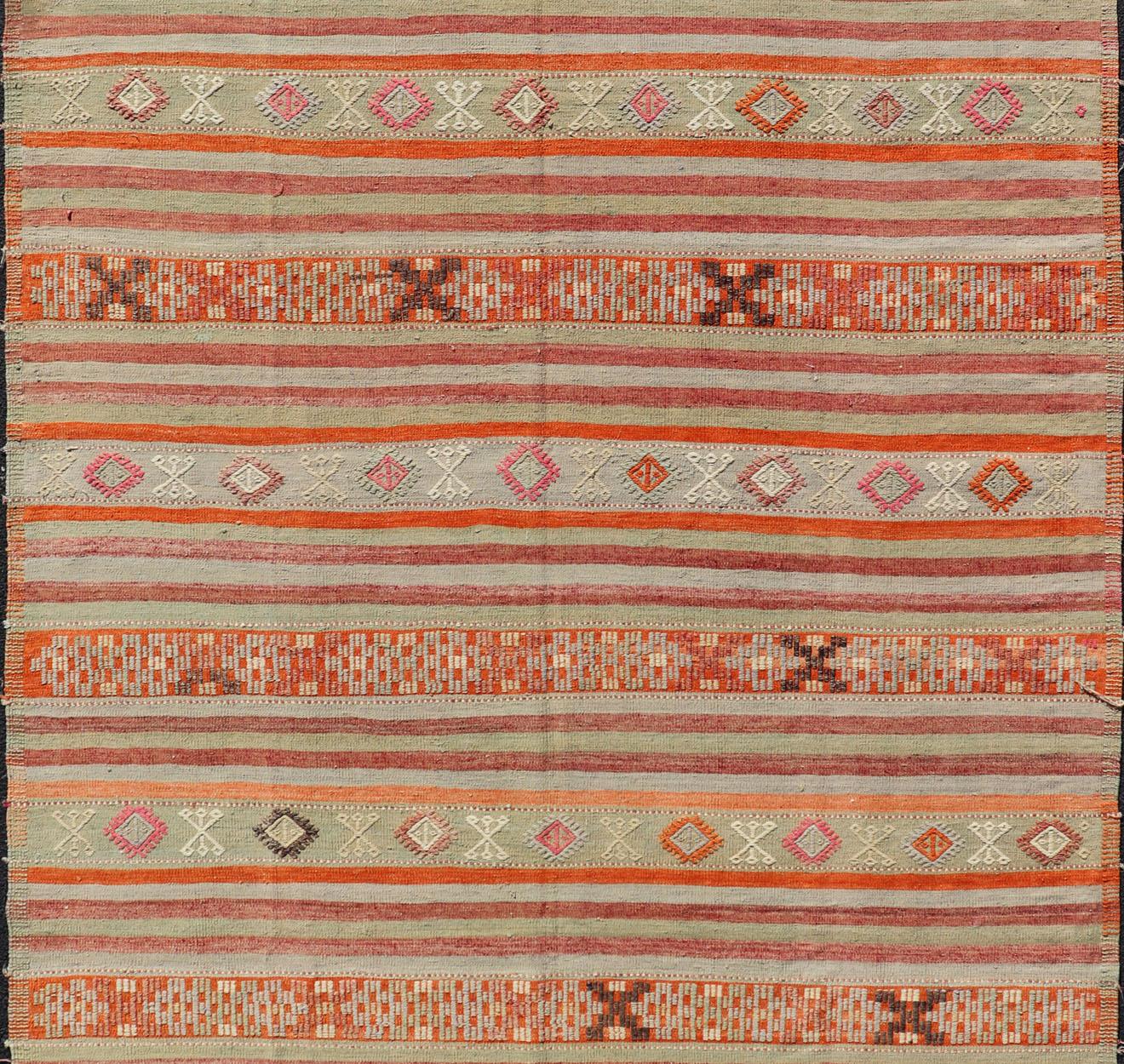 Hand-Woven Vintage Turkish Kilim with Colorful Stripes in Orange, Lt. green, red & gray  For Sale
