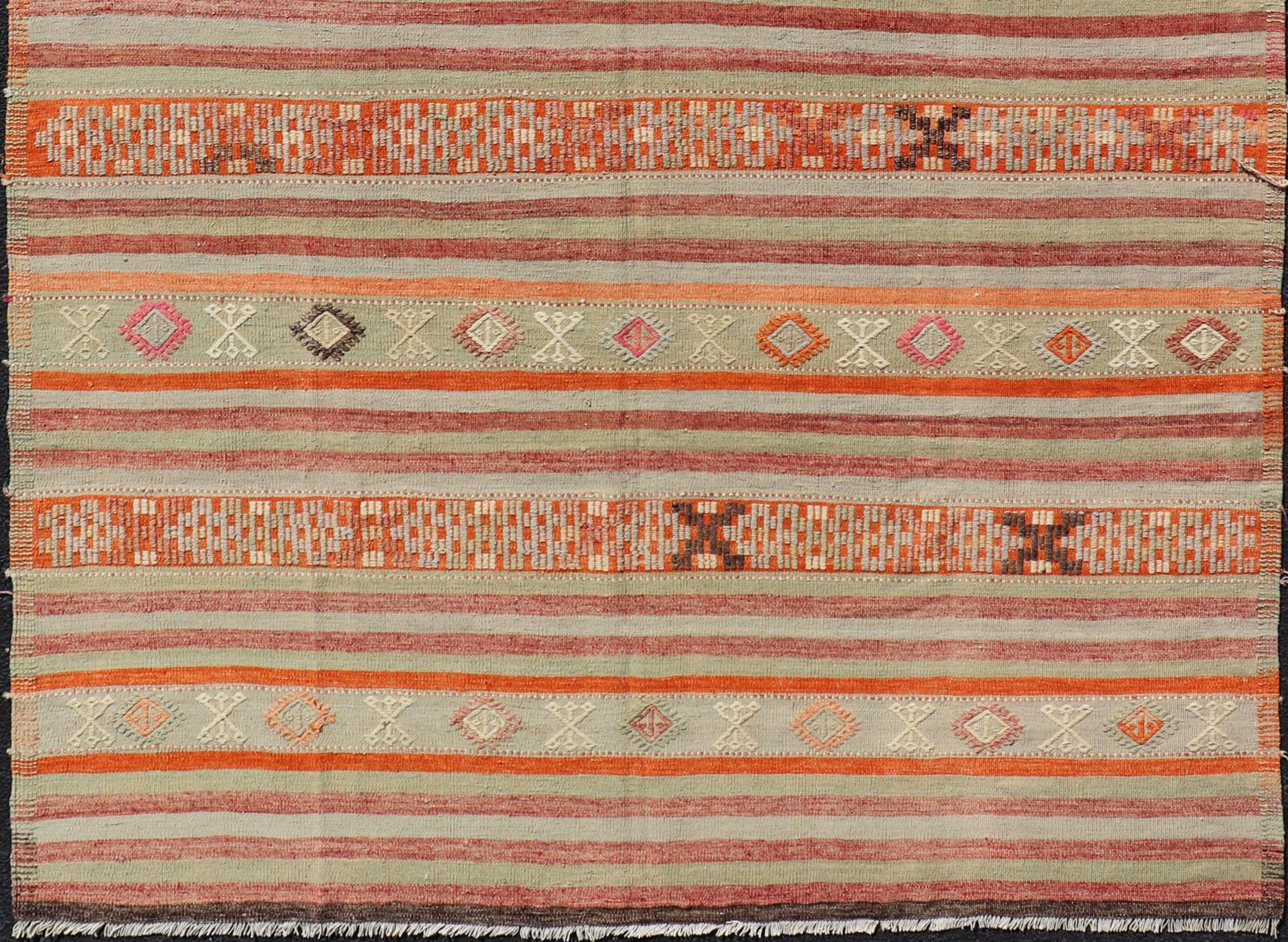 Vintage Turkish Kilim with Colorful Stripes in Orange, Lt. green, red & gray  In Excellent Condition For Sale In Atlanta, GA