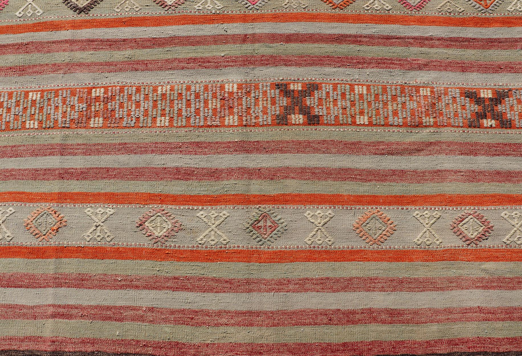 20th Century Vintage Turkish Kilim with Colorful Stripes in Orange, Lt. green, red & gray  For Sale