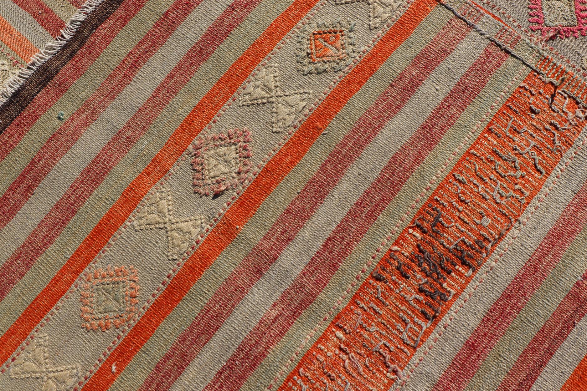 Wool Vintage Turkish Kilim with Colorful Stripes in Orange, Lt. green, red & gray  For Sale