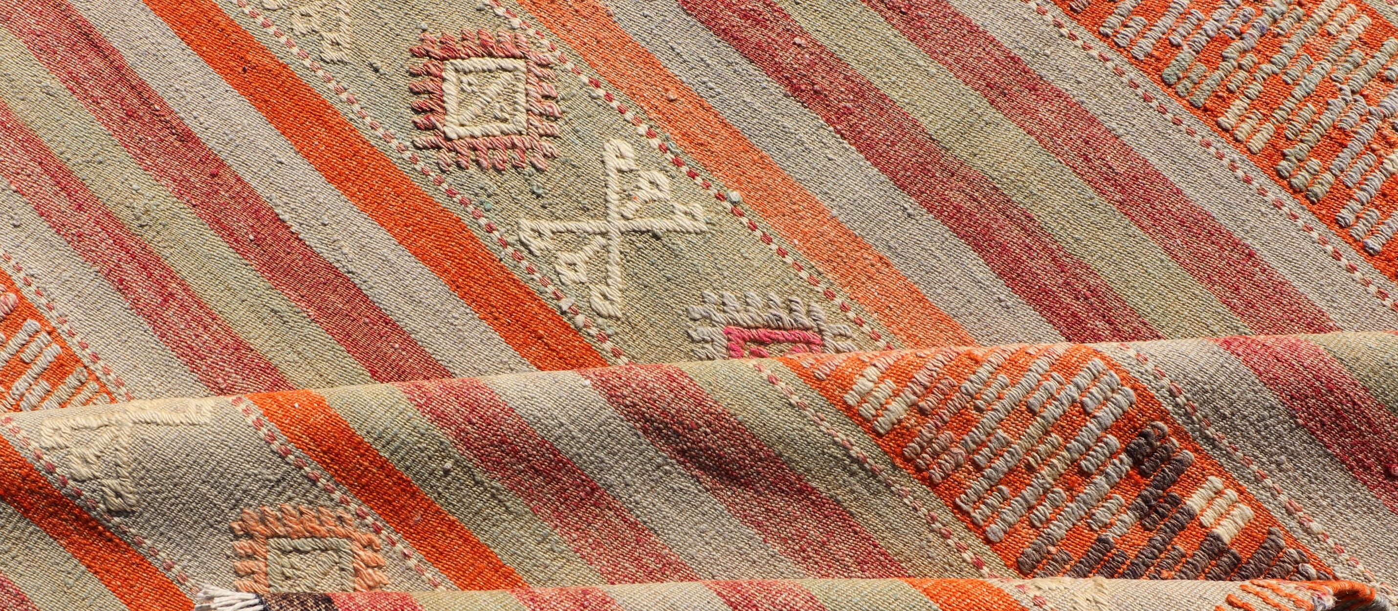 Vintage Turkish Kilim with Colorful Stripes in Orange, Lt. green, red & gray  For Sale 1