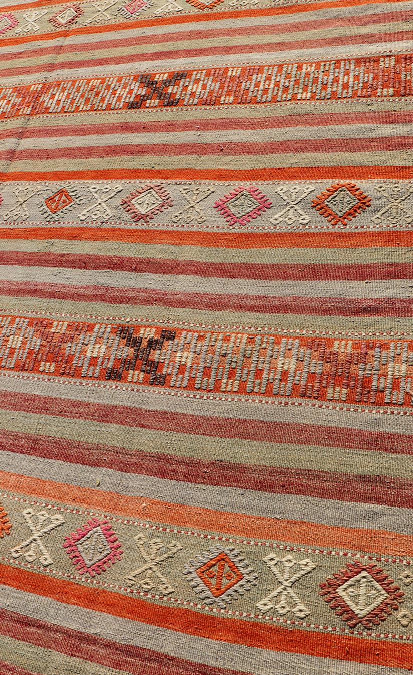 Vintage Turkish Kilim with Colorful Stripes in Orange, Lt. green, red & gray  For Sale 2