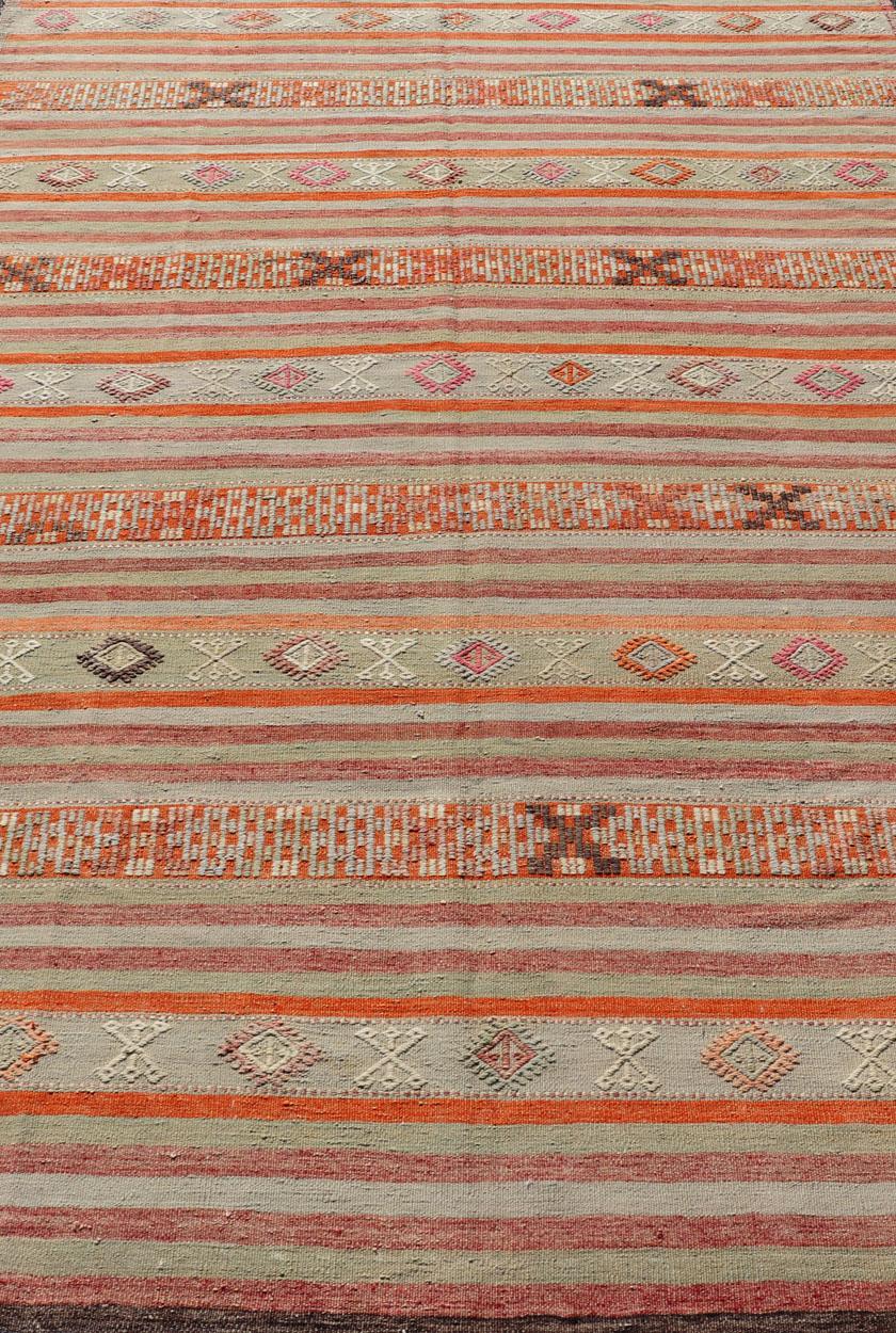 Vintage Turkish Kilim with Colorful Stripes in Orange, Lt. green, red & gray  For Sale 3