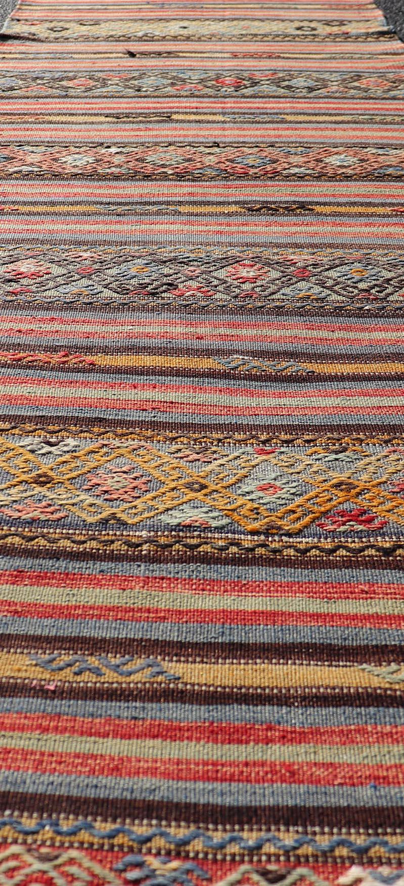 Vintage Turkish Kilim with Horizontal Stripes and Tribal Motifs in Bright Tones For Sale 4