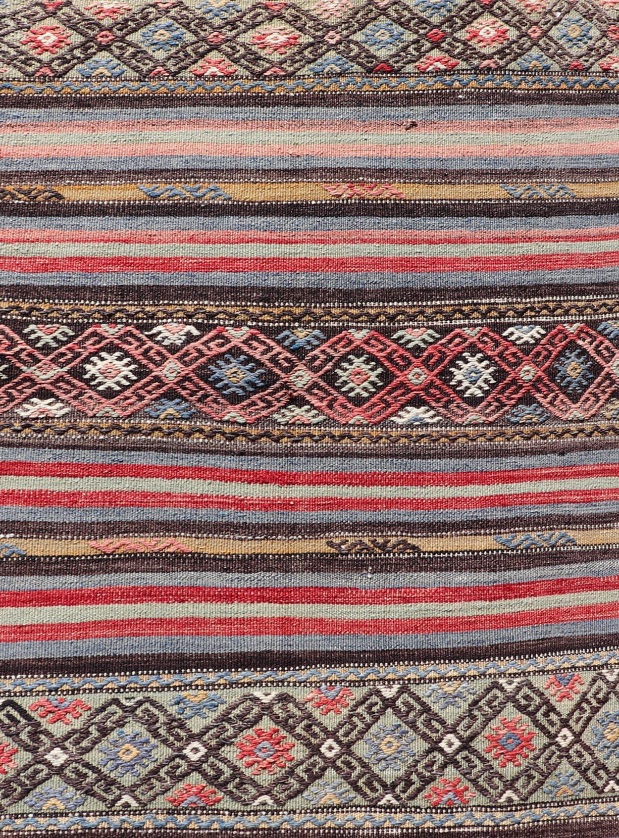 Vintage Turkish Kilim with Horizontal Stripes and Tribal Motifs in Bright Tones For Sale 4