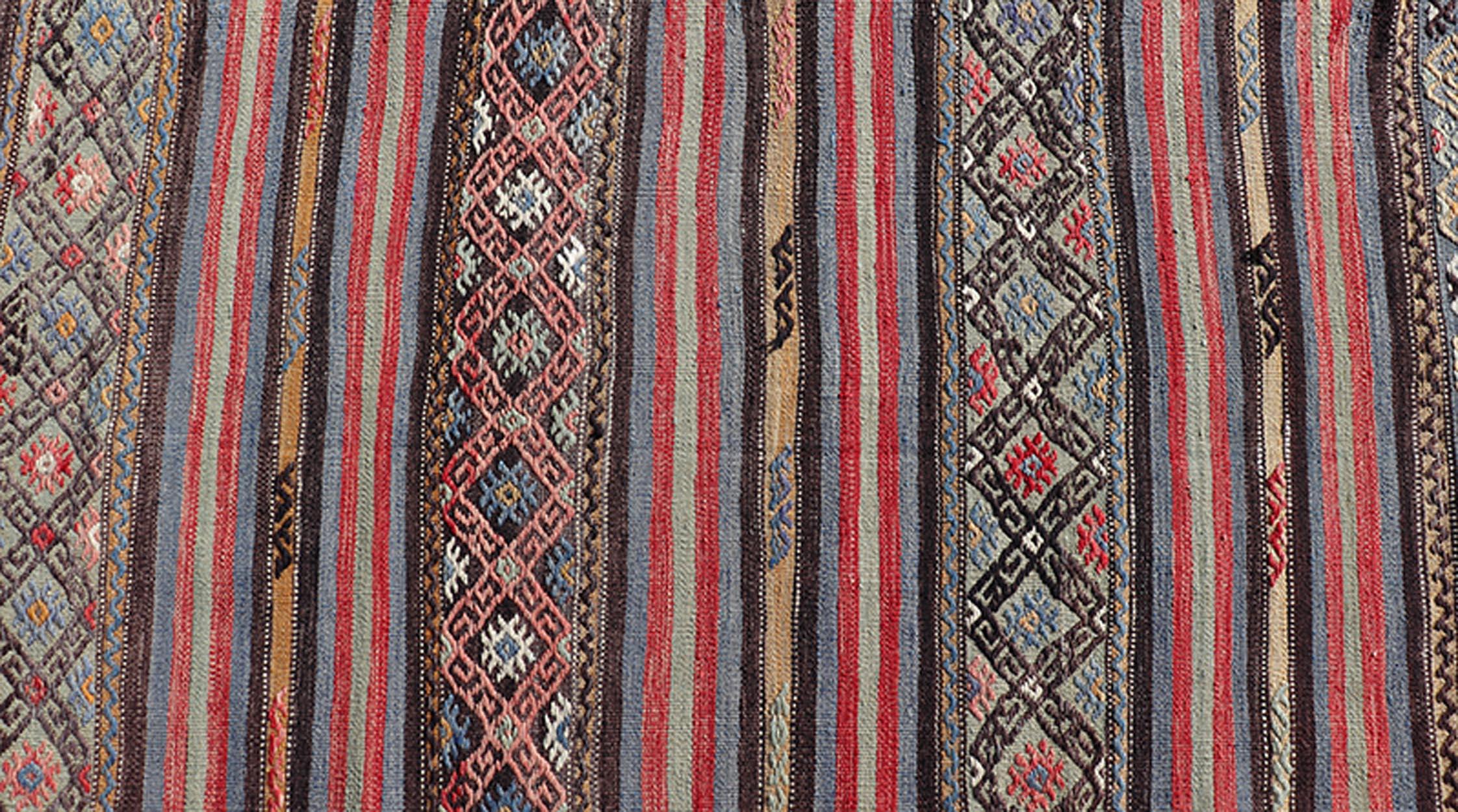 Vintage Turkish Kilim with Horizontal Stripes and Tribal Motifs in Bright Tones For Sale 5