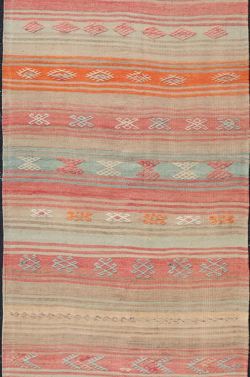 Hand-Woven Vintage Turkish Kilim with Horizontal Stripes and Tribal Motifs in Bright Tones For Sale