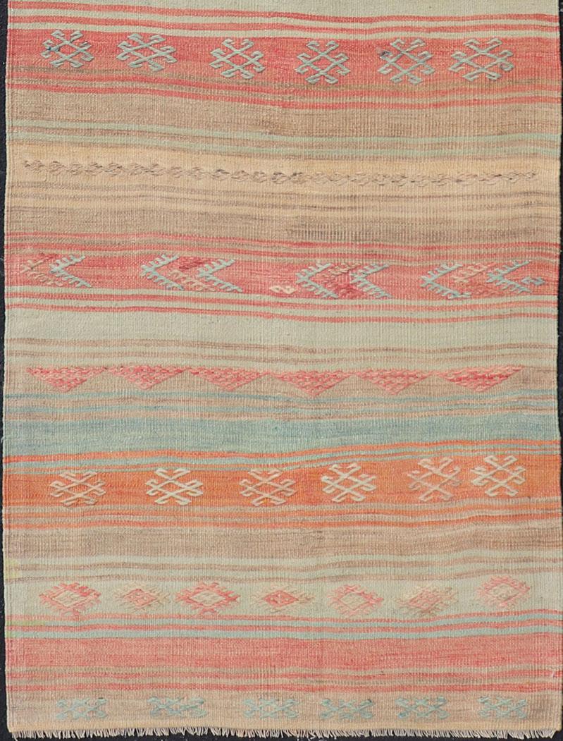 Vintage Turkish Kilim with Horizontal Stripes and Tribal Motifs in Bright Tones In Good Condition For Sale In Atlanta, GA