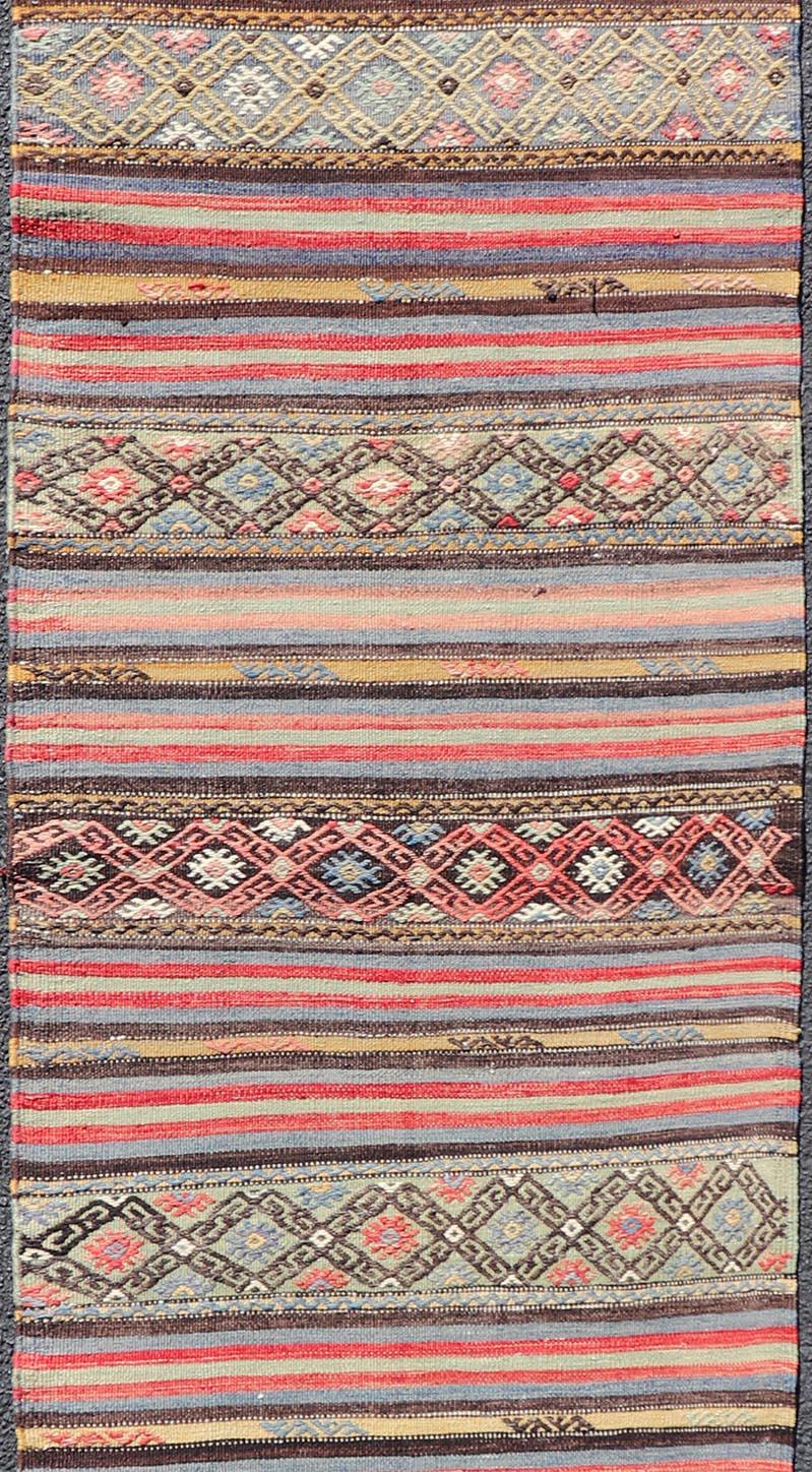 Vintage Turkish Kilim with Horizontal Stripes and Tribal Motifs in Bright Tones In Excellent Condition For Sale In Atlanta, GA