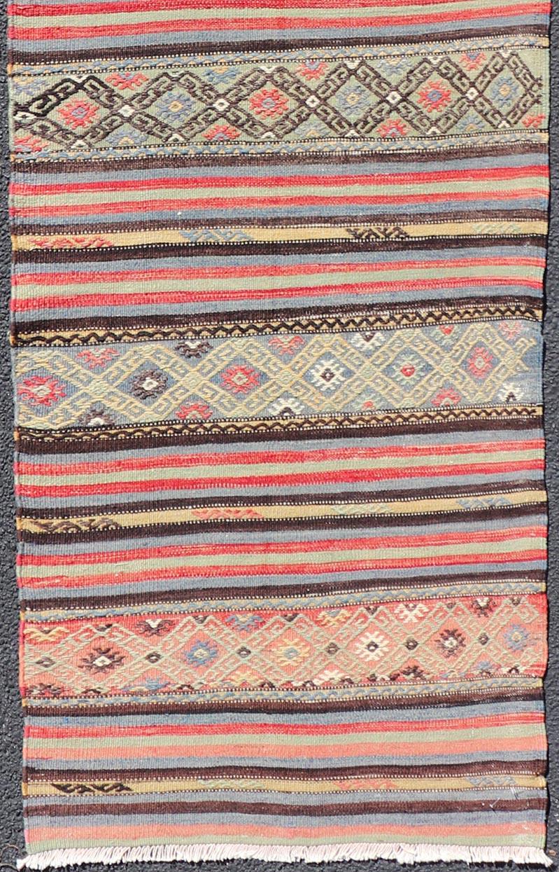 20th Century Vintage Turkish Kilim with Horizontal Stripes and Tribal Motifs in Bright Tones For Sale