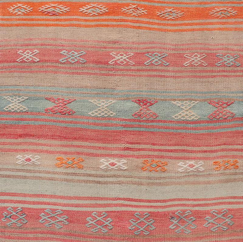 Wool Vintage Turkish Kilim with Horizontal Stripes and Tribal Motifs in Bright Tones For Sale