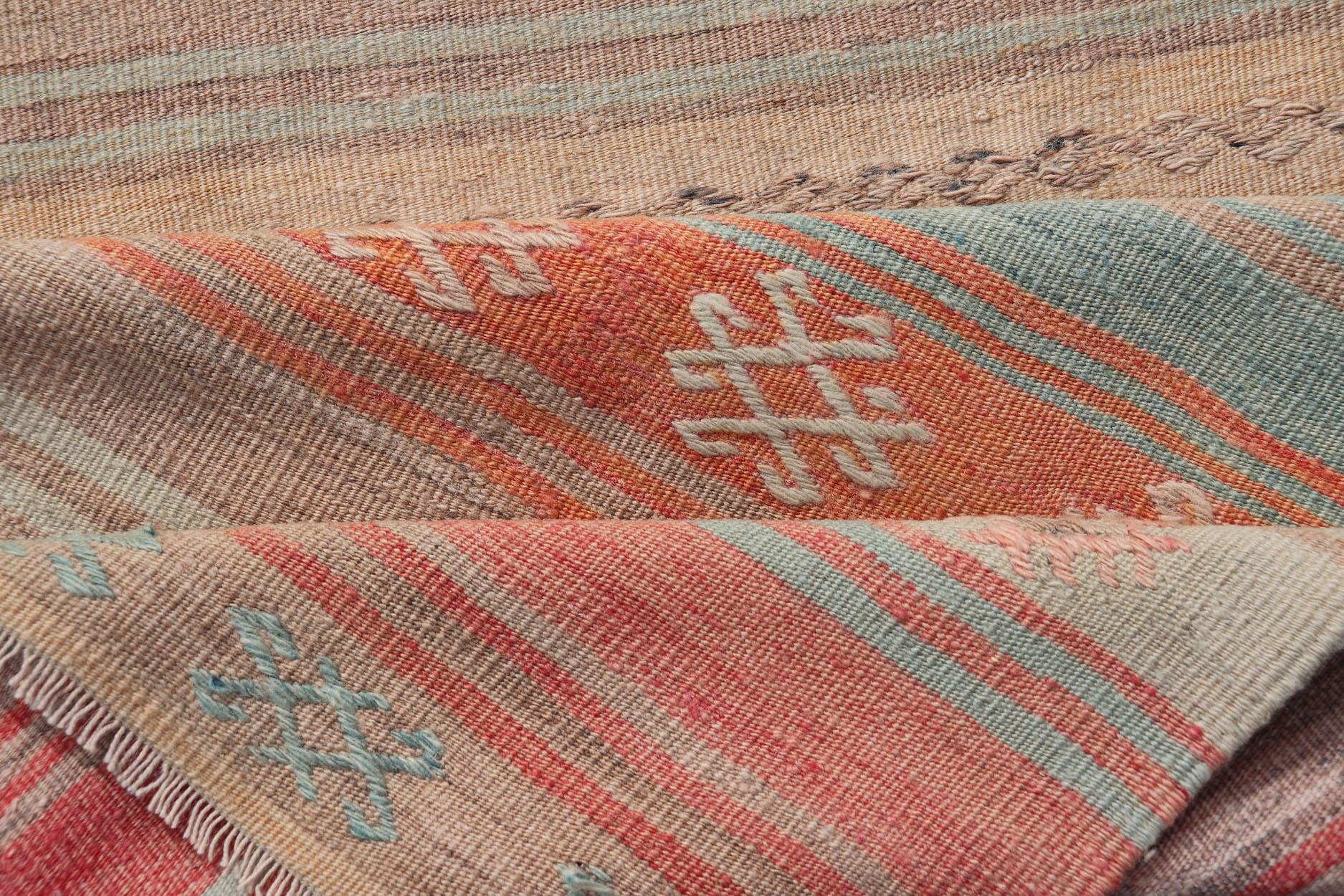 Vintage Turkish Kilim with Horizontal Stripes and Tribal Motifs in Bright Tones For Sale 1