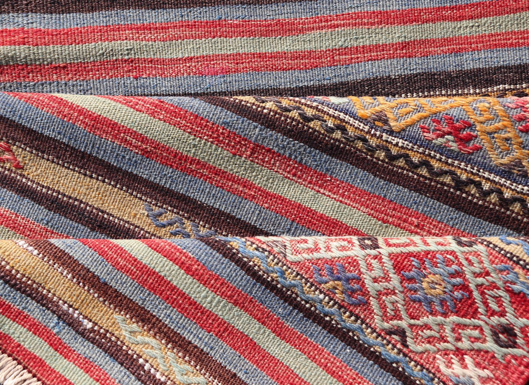 Vintage Turkish Kilim with Horizontal Stripes and Tribal Motifs in Bright Tones For Sale 1