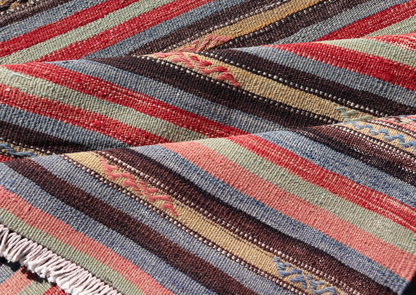 Vintage Turkish Kilim with Horizontal Stripes and Tribal Motifs in Bright Tones For Sale 1