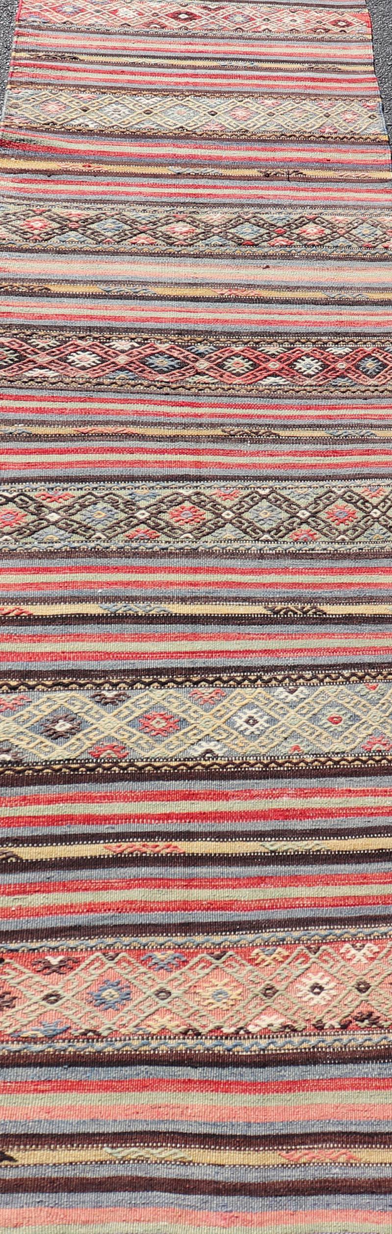 Vintage Turkish Kilim with Horizontal Stripes and Tribal Motifs in Bright Tones For Sale 2