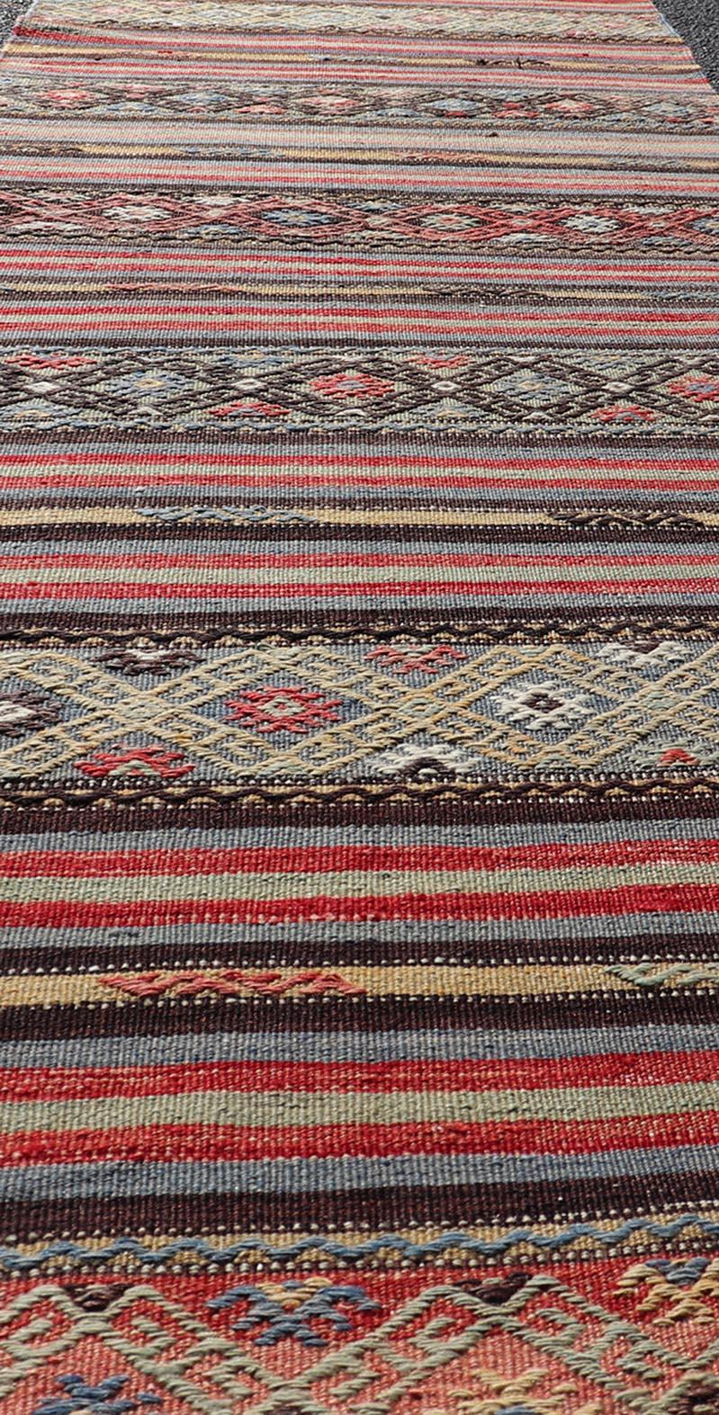 Vintage Turkish Kilim with Horizontal Stripes and Tribal Motifs in Bright Tones For Sale 3
