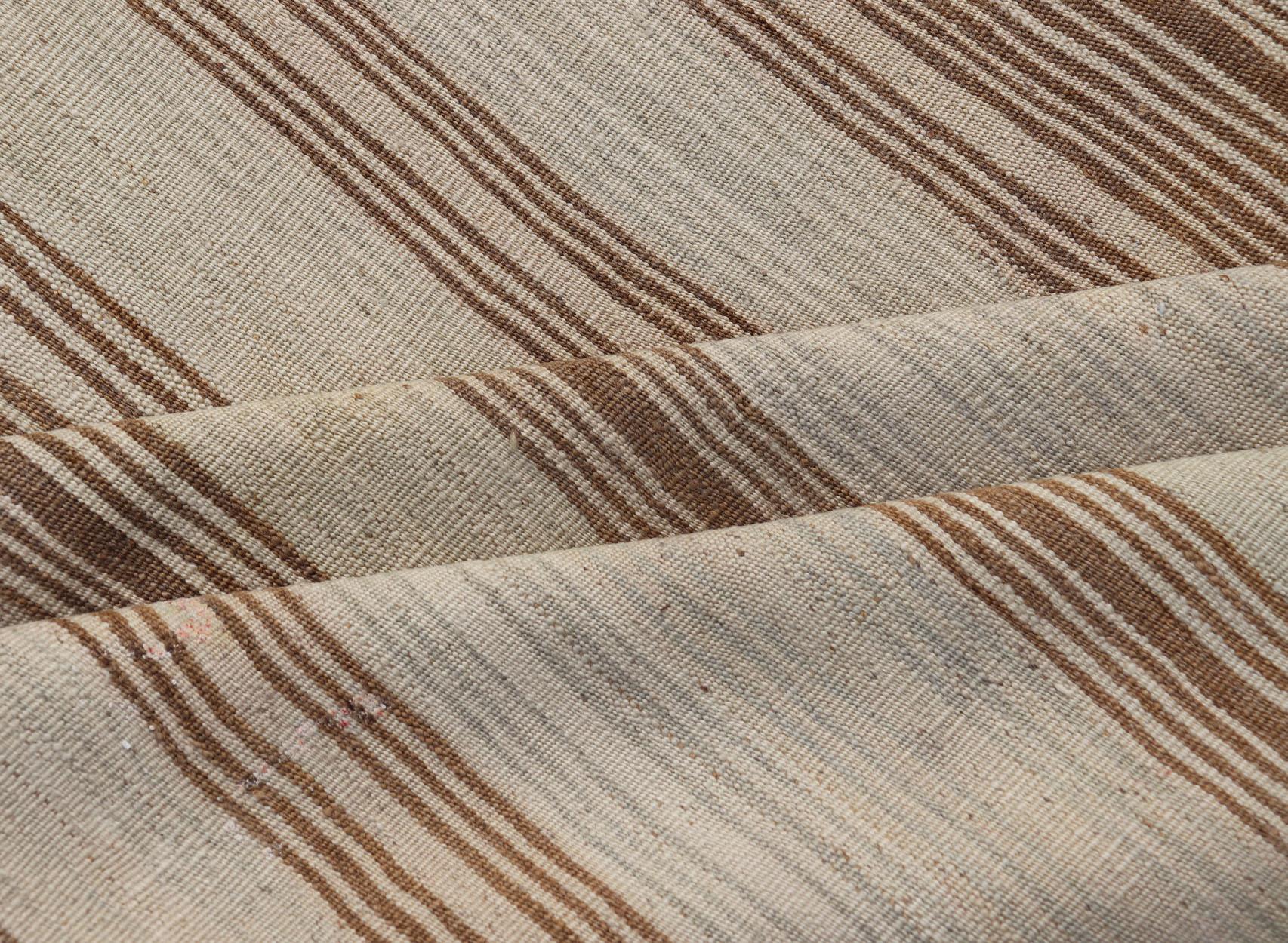 Vintage Turkish Kilim with Horizontal Stripes in Tan, Brown and Grey For Sale 4