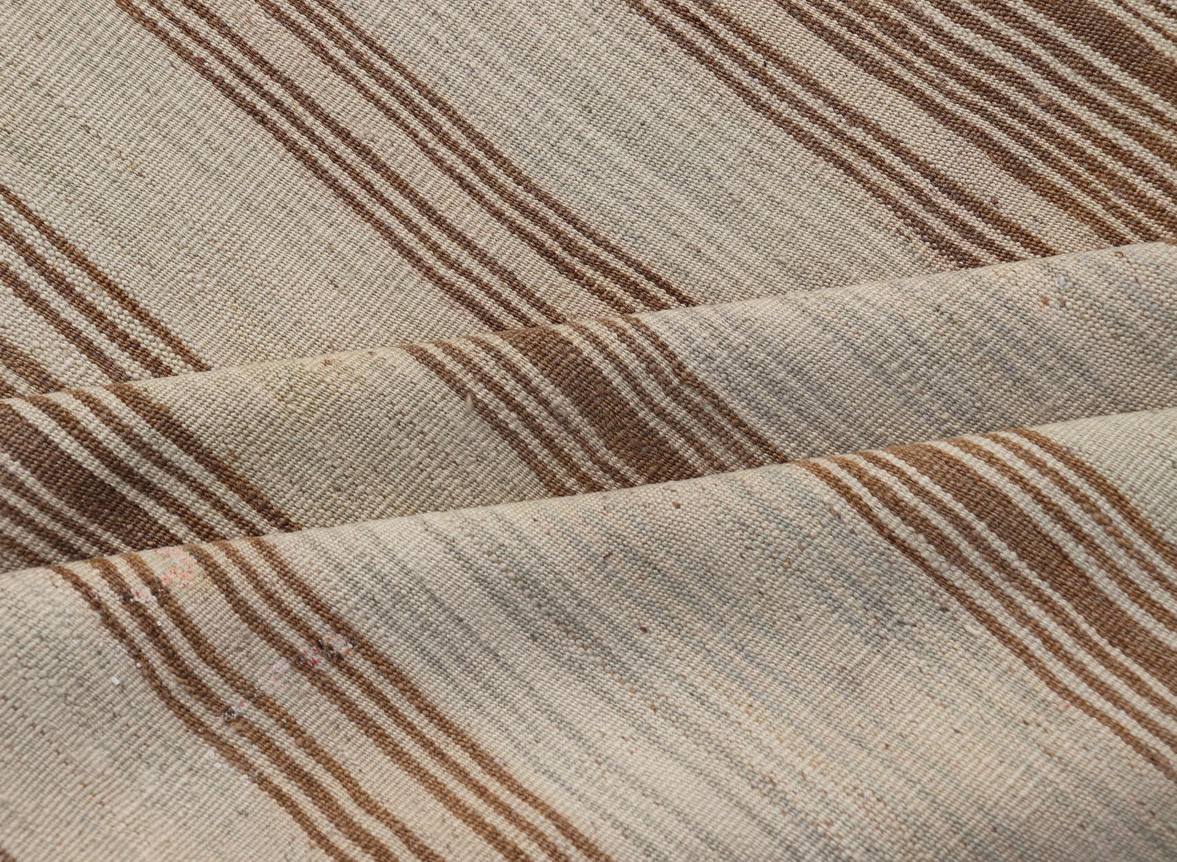 Vintage Turkish Kilim with Horizontal Stripes in Tan, Brown and Grey For Sale 4