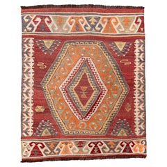 Kilim turco d'epoca con grande medaglione e bordo tribale