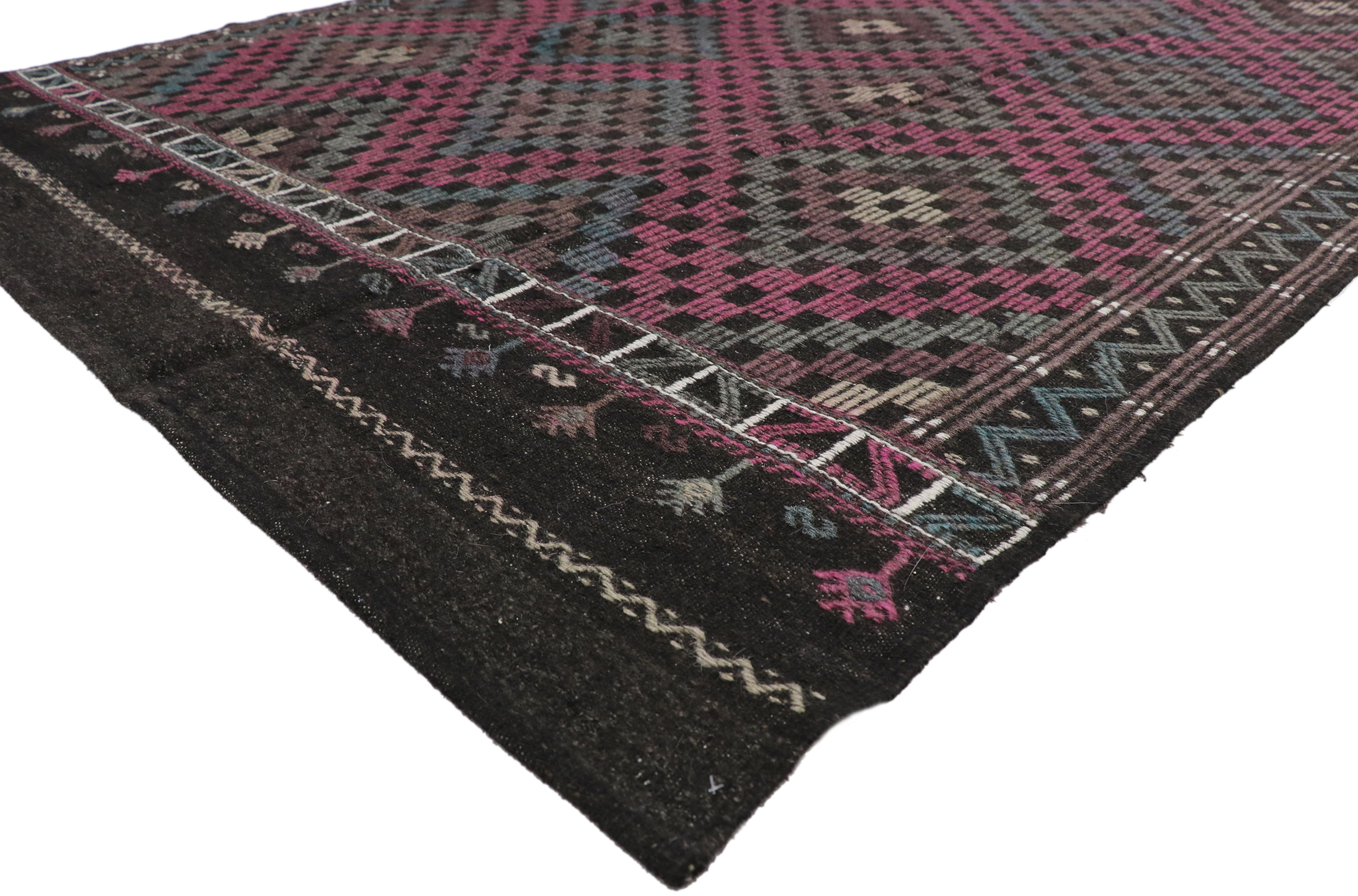 51095 Vintage Turkish Kilim Rug with Feminine Industrial Style, Flat-weave Kilim Rug 06'05 X 09'04. With a bold geometric pattern and striking appeal, this hand-woven wool vintage Turkish kilim rug can beautifully blend contemporary, modern, and