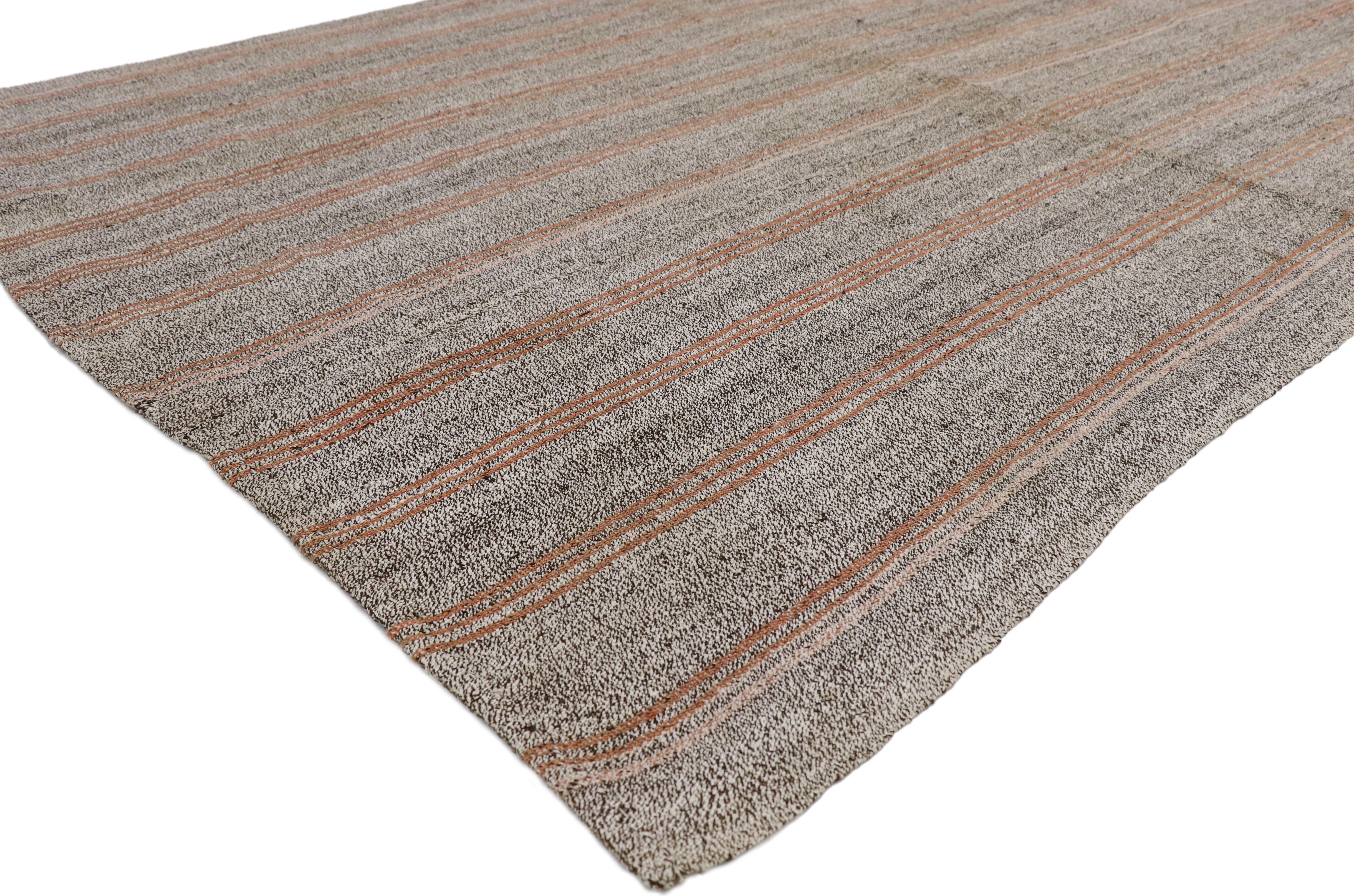 50900, vintage Turkish Kilim with Rustic Industrial style, Striped Kilim rug. This handwoven vintage Turkish Kilim handsomely highlights modern Industrial style. A fine combination of simplicity and Industrial chic, this striped Kilim rug features
