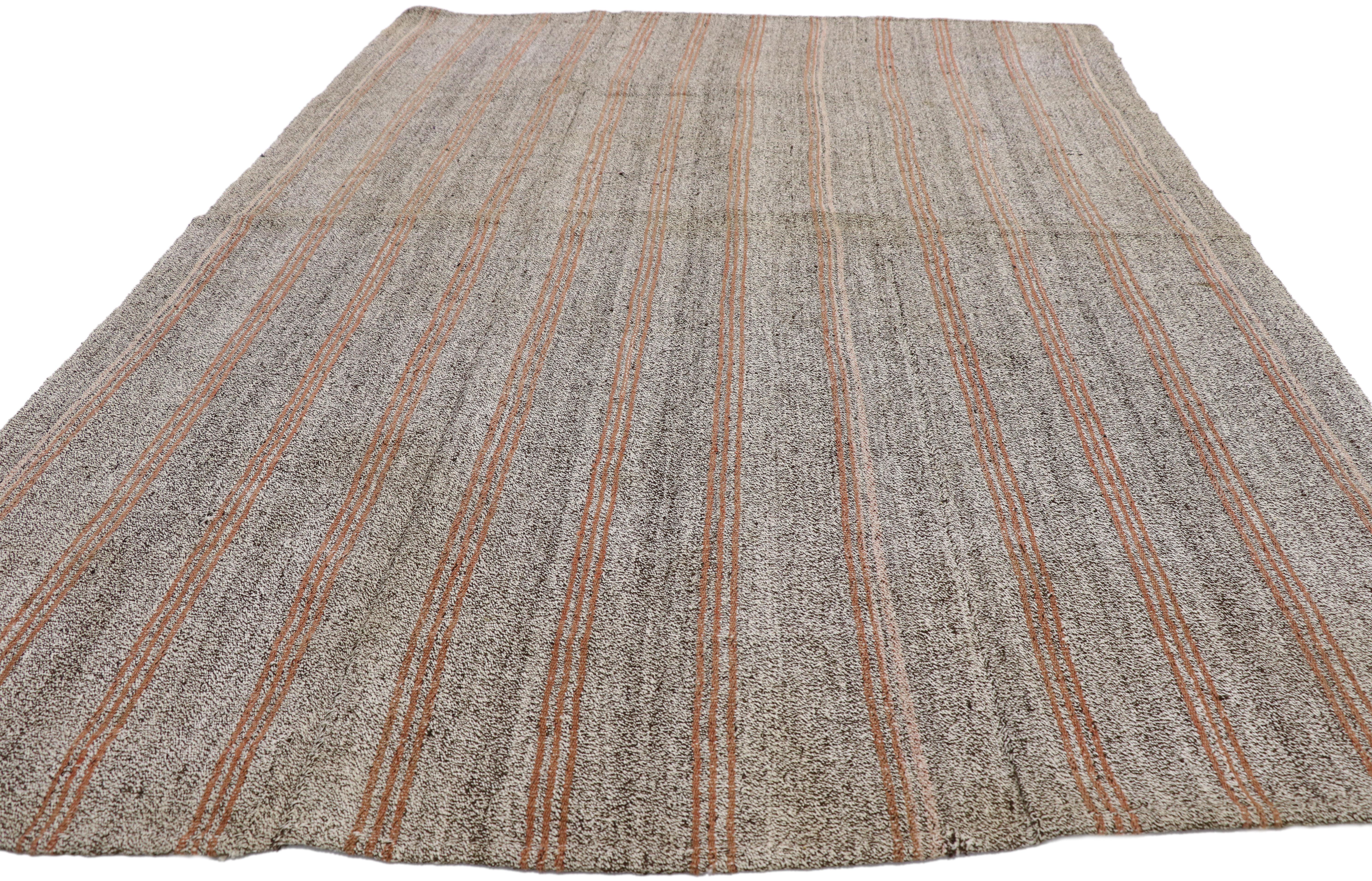 Hand-Woven Vintage Turkish Kilim with Rustic Industrial Style, Striped Kilim Rug