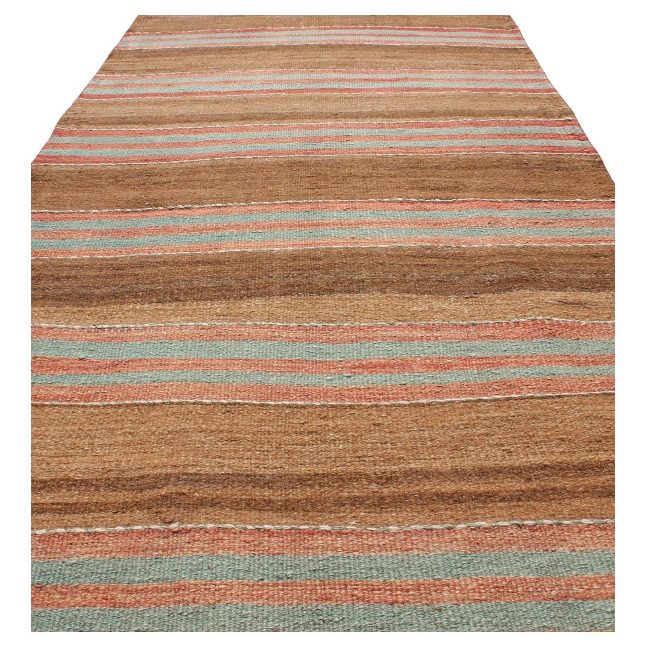 Measures: 2'9 x 6'0 

 Vintage Turkish Kilim with Soft Brown, Rose, and Aqua Stripes 2'9 x 6'0. 
Keivan Woven Arts / rug/en-179536, country of origin / type: Turkey / Kilim, circa 1960. 

A charming Vintage Turkish Kilim featuring a warm palette of