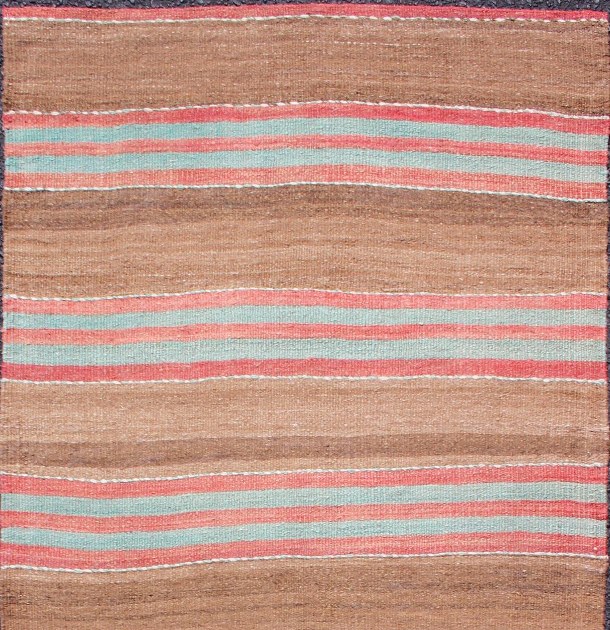 Hand-Woven Vintage Turkish Kilim with Soft Brown, Rose, and Aqua Stripes 2'9 x 6'0 For Sale