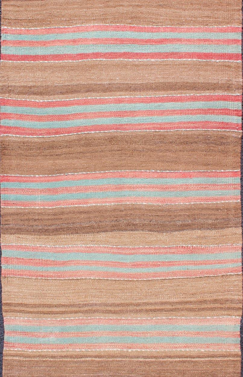 Vintage Turkish Kilim with Soft Brown, Rose, and Aqua Stripes 2'9 x 6'0 In Good Condition For Sale In Atlanta, GA