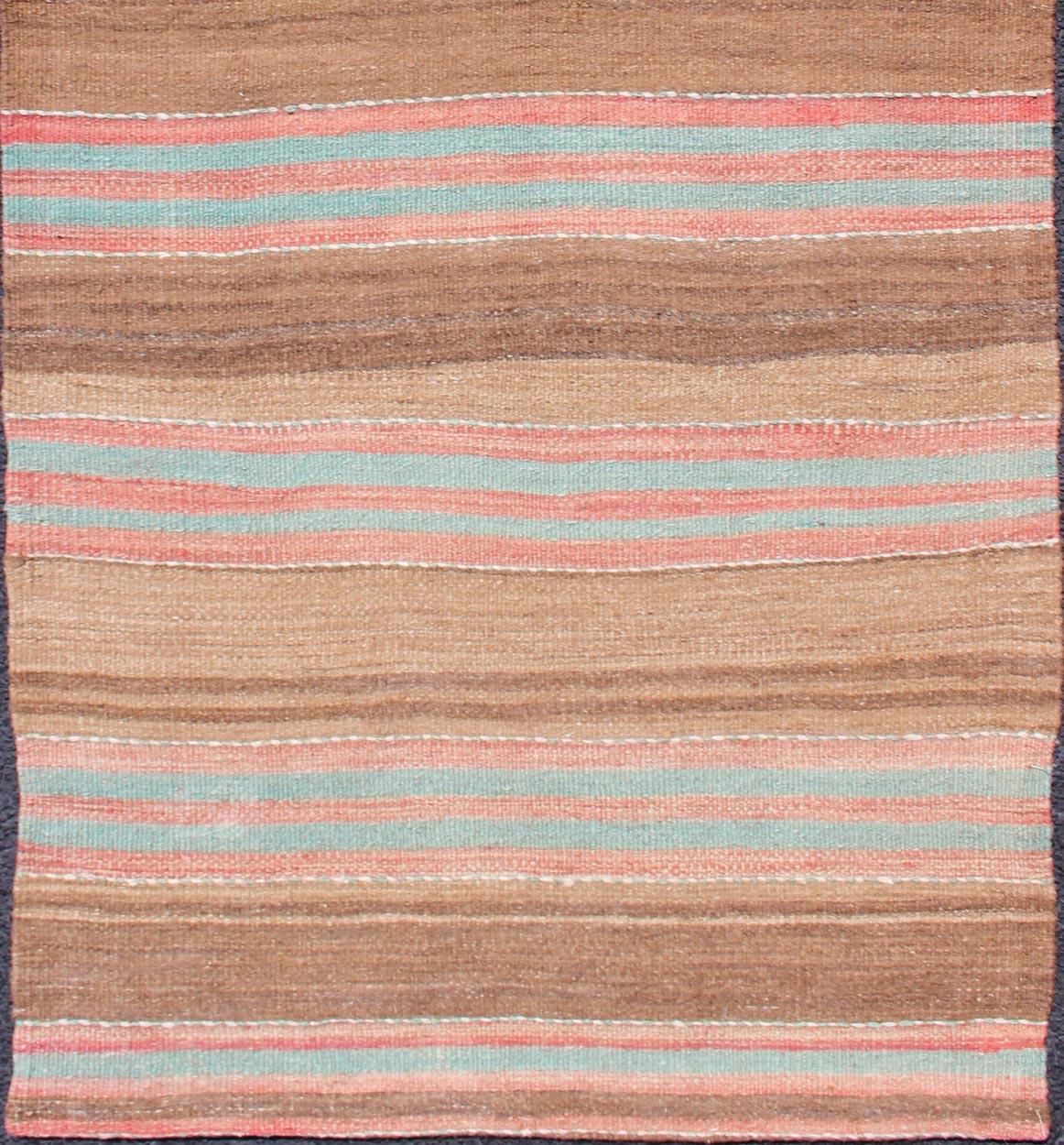 20th Century Vintage Turkish Kilim with Soft Brown, Rose, and Aqua Stripes 2'9 x 6'0 For Sale