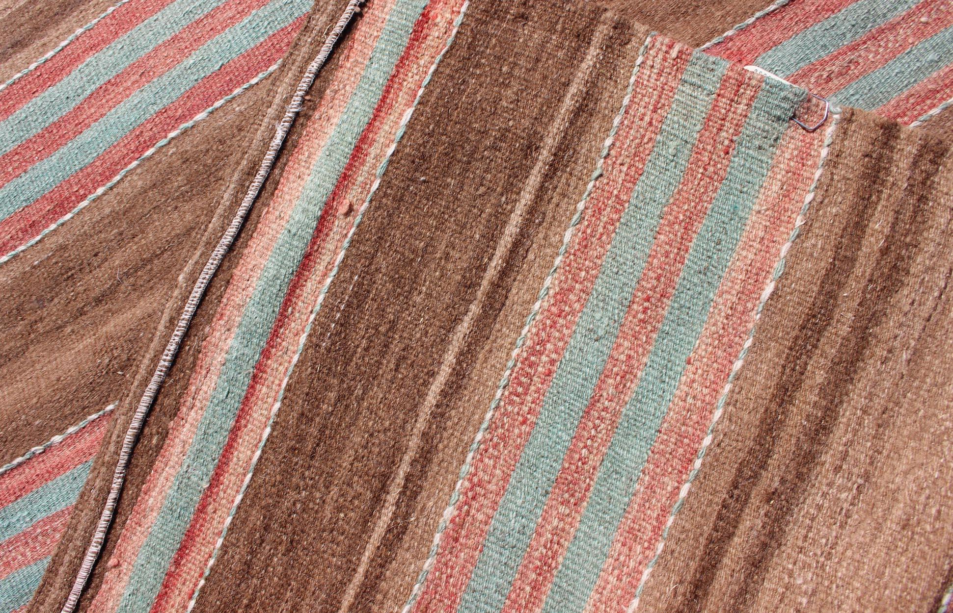 Wool Vintage Turkish Kilim with Soft Brown, Rose, and Aqua Stripes 2'9 x 6'0 For Sale