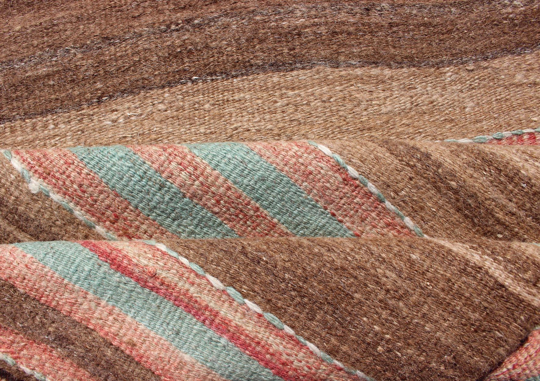 Vintage Turkish Kilim with Soft Brown, Rose, and Aqua Stripes 2'9 x 6'0 For Sale 1