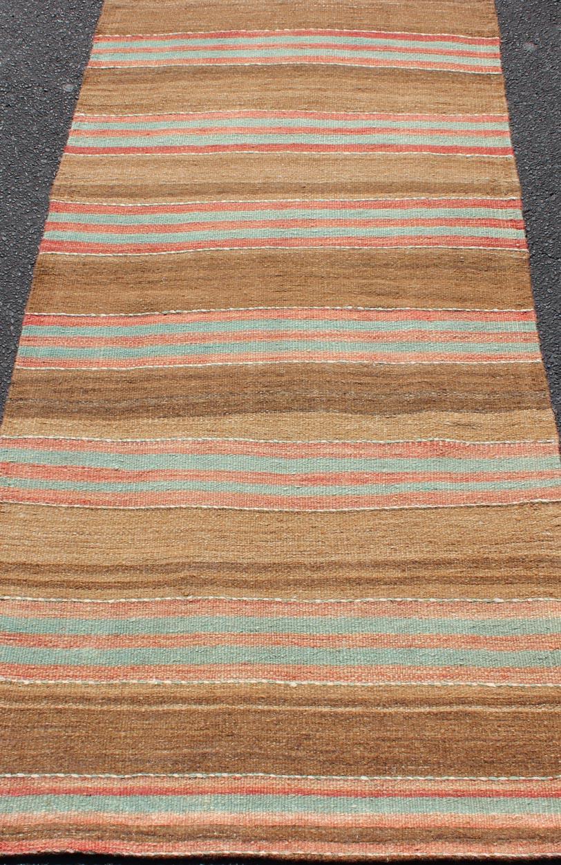 Vintage Turkish Kilim with Soft Brown, Rose, and Aqua Stripes 2'9 x 6'0 For Sale 2