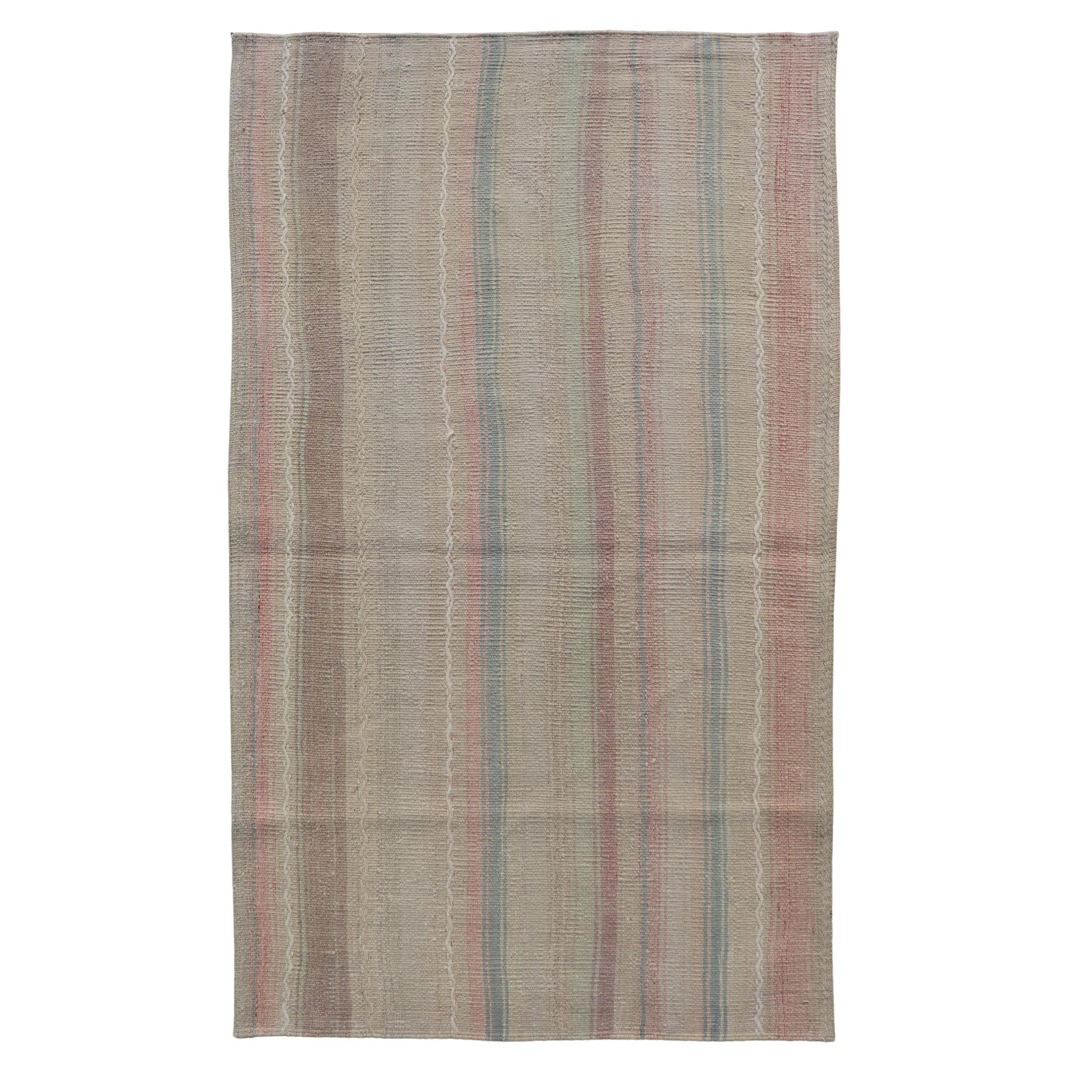 Vintage Turkish Kilim with Soft Pastel Stripes in Blush, Sage, and Sky Blue For Sale