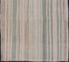 Vintage Turkish Kilim with Soft Vertical Stripes in Sage, Ivory, and Faded Tan