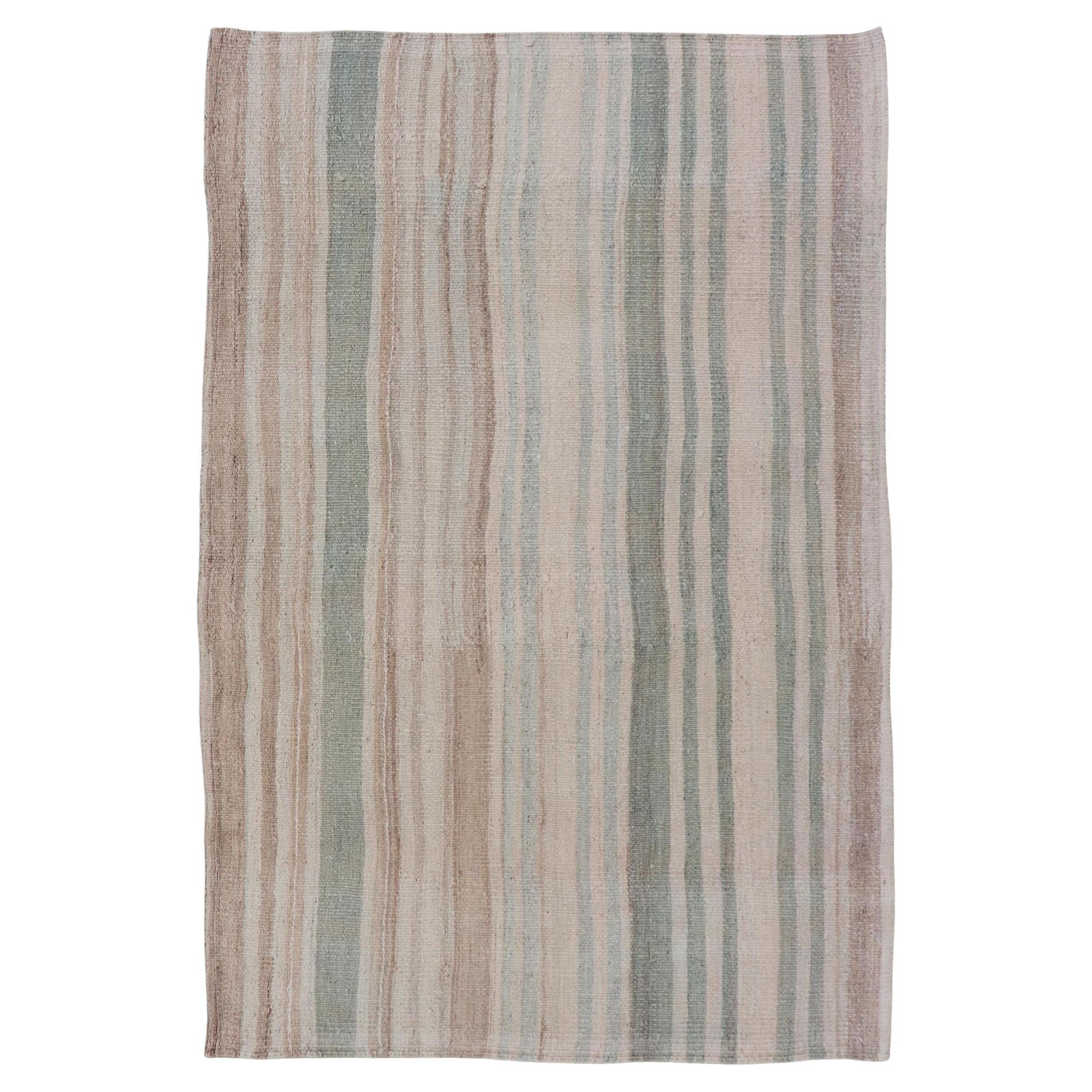 Vintage Turkish Kilim with Soft Vertical Stripes in Sage, Ivory, and Faded Tan