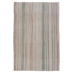 Vintage Turkish Kilim with Soft Vertical Stripes in Sage, Ivory, and Faded Tan